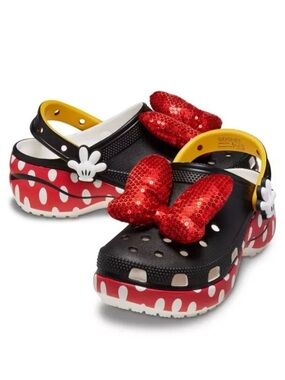 Women’s Disney Mini Mouse Black and Red Polka Dot Crocs with Sequin Bow size 9
